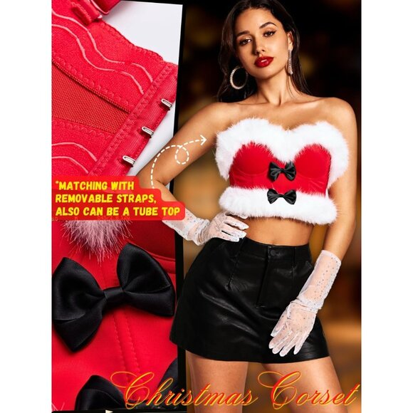 Women First Red Christmas Faux Fur Santa Corset Bow Bustier Crop Top - Picture 2 of 7